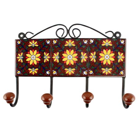 Dark Brown With Yellow Sunflower Ceramic Tile Hook